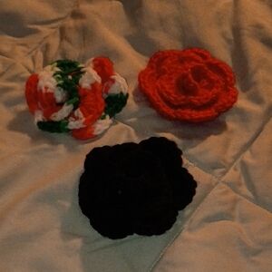 Hand Crafted Vibrant Crochet Brooch Trio - Red, Black, Multicolor